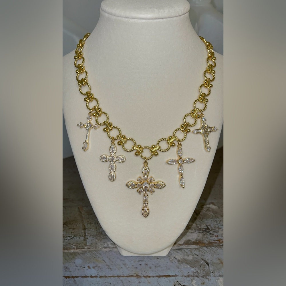 Gold-Tone Cross Charm Necklace with Crystal Accents